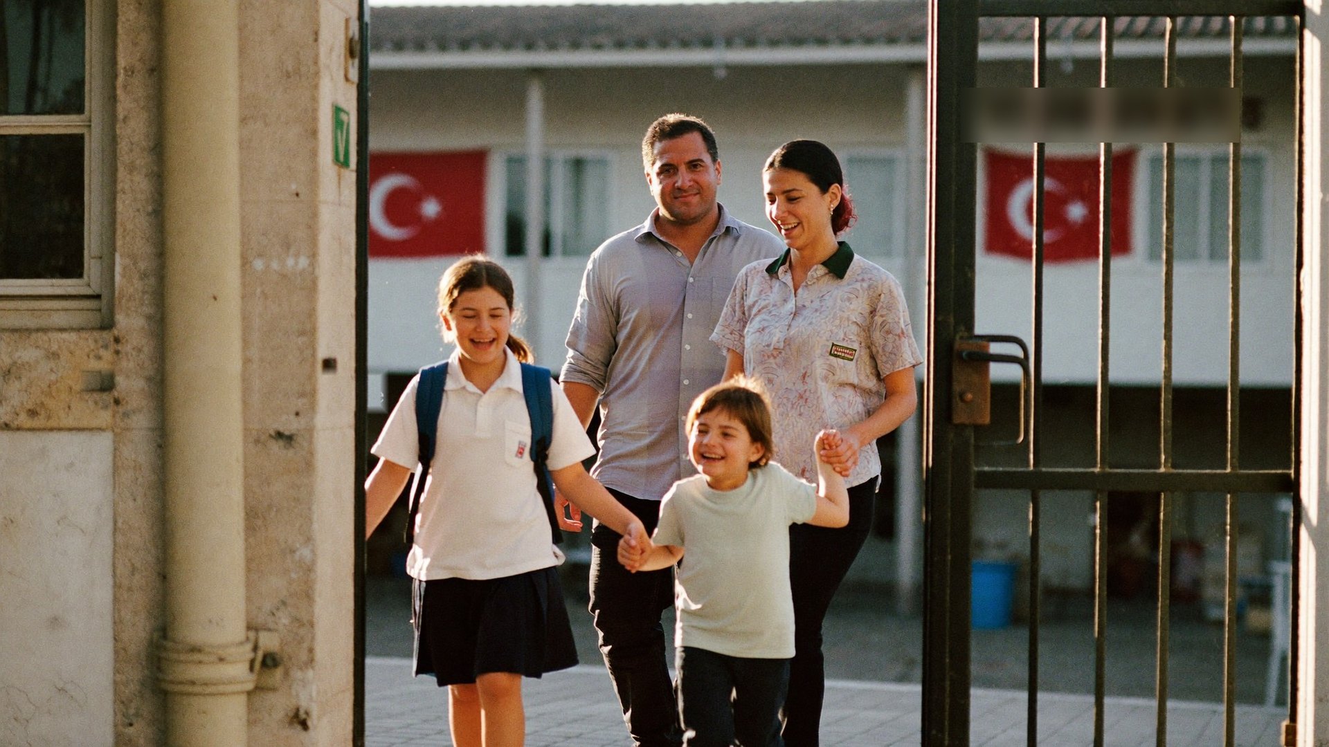 Okul kapısından çıkan bir öğretmen, eşi ve iki çocuğu